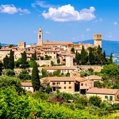 Obraz premium A picturesque Tuscan hill town with terracotta-roofed buildings nestled amidst lush greenery and a clear blue sky.