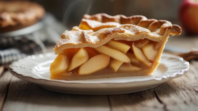 homemade apple pie. apple pie slice with steam rising