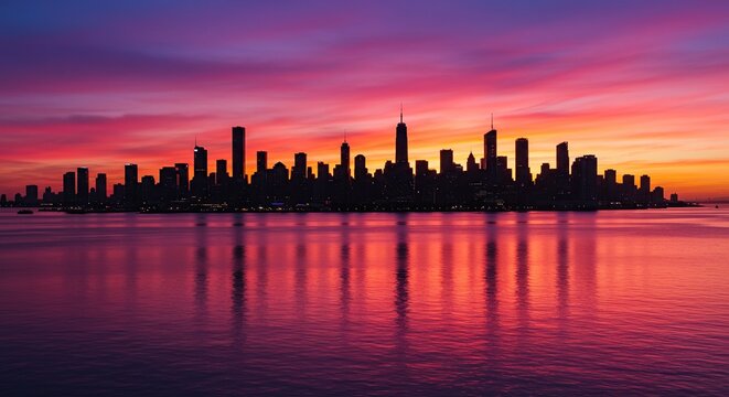 City skyline silhouette at dusk with vibrant sky and water reflections scenic view landscape
