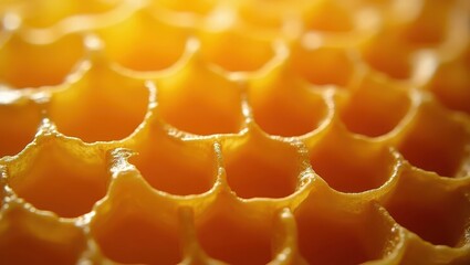 Close-up view of honeycombs showcasing intricate patterns and warm golden hues.