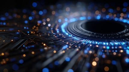 Digital Circuitry: An abstract macro shot of interconnected microchips and processors, glowing with data streams and connections, representing the advanced technological landscape.