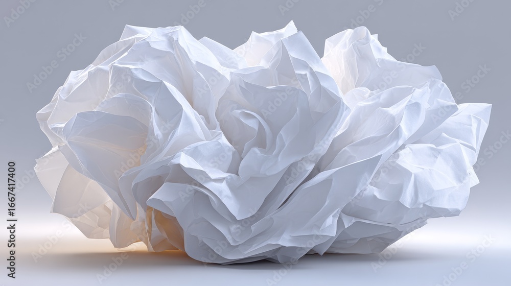 Poster a close-up of a crumpled white paper ball with soft lighting creating gentle shadows, showcasing its