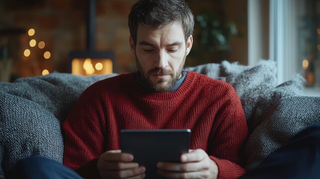 Cozy Man Reading on Tablet in Comfortable Living Room Environment