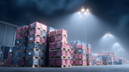 A nighttime scene featuring stacked crates illuminated by bright lights, set in an industrial area, conveying a sense of organized storage and logistics.