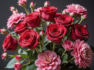 A vintage Valentine's Day bouquet, red roses paired with pink roses, where bold colors meet soft flowers, creating a romantic and harmonious atmosphere.