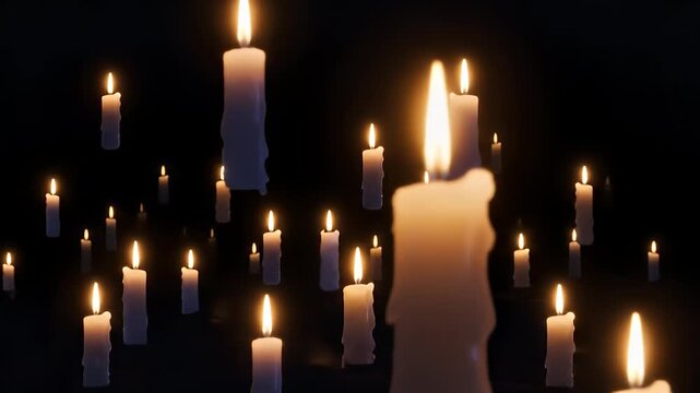 Floating candles with flickering flames on a black background