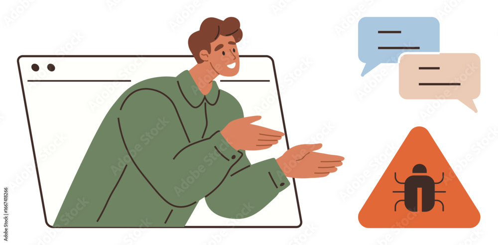 Poster person emerging from a webpage pointing to a triangular warning sign with a bug, surrounded by chat 