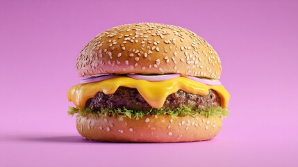 Close-up of a cheeseburger on a vibrant purple surface.  A  delicious-looking, golden-brown bun holds a juicy patty, melted cheese, crisp lettuce, and sliced red onions