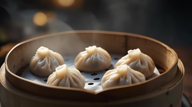 Cinematic shot of steaming dumplings in a bamboo steamer