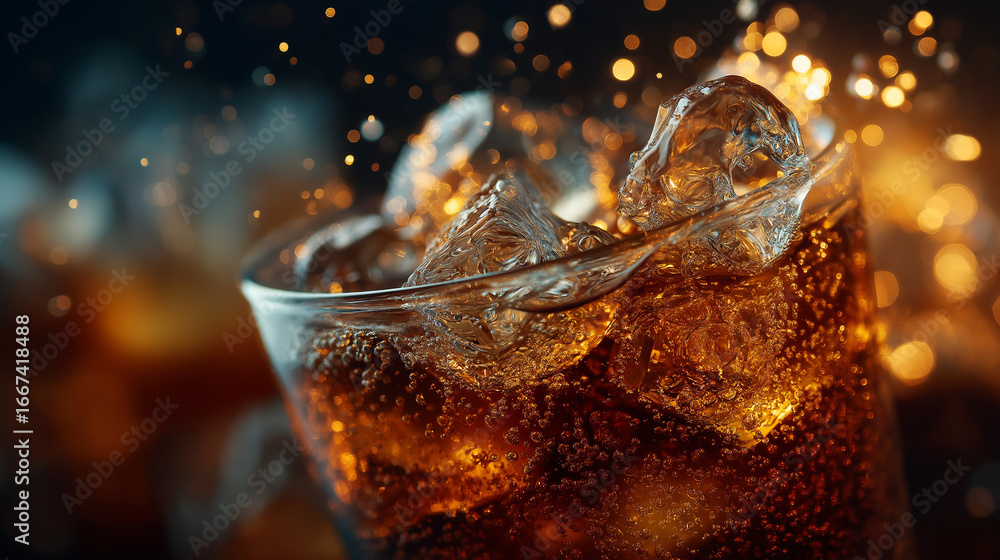 Poster icy beverage refreshment: a close-up shot captures the dynamic splash of an icy drink as ice cubes p