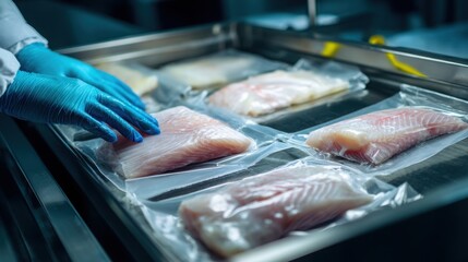 A person in gloves inspects vacuum-sealed fish fillets on a stainless steel surface, highlighting cleanliness and food preparation practices.