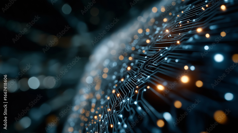 Poster technological web: the intricate network of digital circuitry, a detailed view of glowing data circu