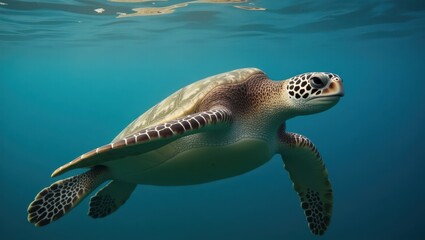 Obraz premium A graceful sea turtle glides effortlessly through the deep blue water.