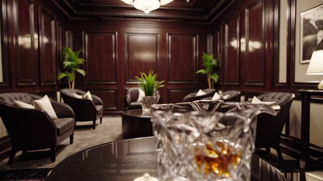 A luxurious lounge features dark wood walls, plush chairs, and elegant decor, creating a warm and sophisticated atmosphere. Crystal glass with whiskey on the table adds to the sense of comfort and exc