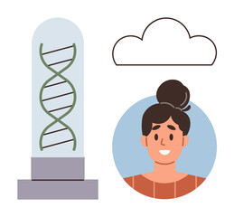 DNA strand in glass tube next to smiling woman portrait and cloud shape. Ideal for genetics, science, biotechnology, innovation, data, analysis, health themes. Simple flat metaphor