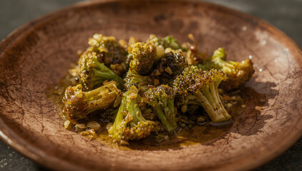Roasted broccoli florets seasoned with nuts and herbs, served on a rustic earthenware plate.