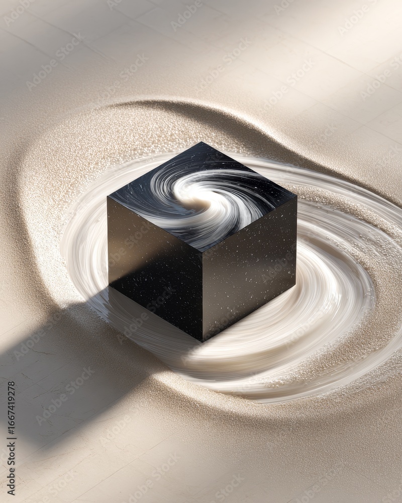 Poster a black cube with a swirling pattern on its surface, surrounded by sand ripples, showcasing an abstr