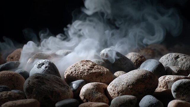 Close-Up 3D Animation of Smoke Rising from Stones on Black Background, Hyper-Realistic Scene, Natural Element Focus