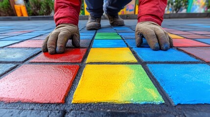 Individual Painting Colorful Squares on Pavement for Artistic Project