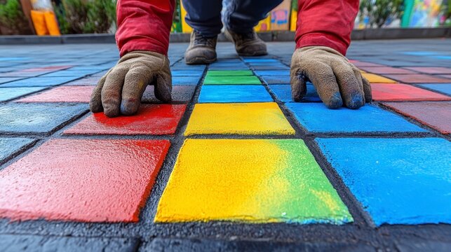 Individual Painting Colorful Squares on Pavement for Artistic Project