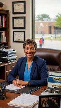 Portrait of a confident middle-aged African American female principal sitting at her desk in a school office.