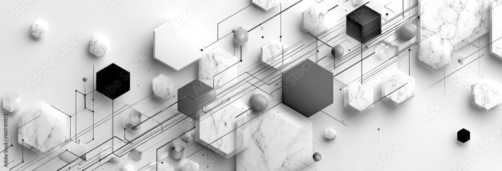 Poster a modern abstract design featuring geometric shapes, marble textures, and interconnected lines in a 