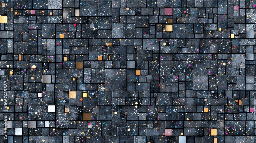 Aufkleber an abstract pattern composed of various colored squares and small elements, showcasing a diverse and