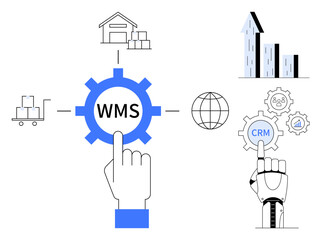 Hand interacting with WMS and robotic finger with CRM gear, warehouse, globe, charts, and automation icons. Ideal for technology, automation, logistics, growth strategy efficiency simple landing