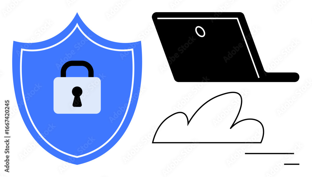 Poster blue shield with lock representing security, laptop symbolizing technology, and cloud for data stora