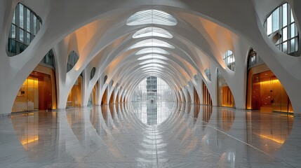 Modern architectural interior with flowing white arches and reflective floor