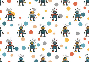 Whimsical robot pattern design with playful dots for kids' projects and creative backgrounds