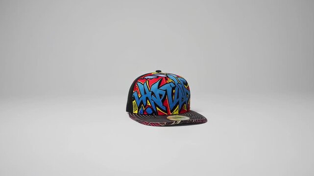 A colorful snapback cap featuring bold graffiti art stands out against a plain, minimalistic background. The urban streetwear accessory showcases vibrant designs and creative style, perfect for fashio