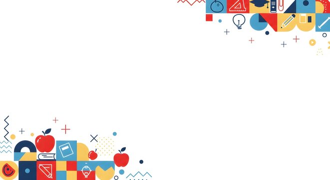 Educational themed background with apples books and various school supplies in a geometric pattern design