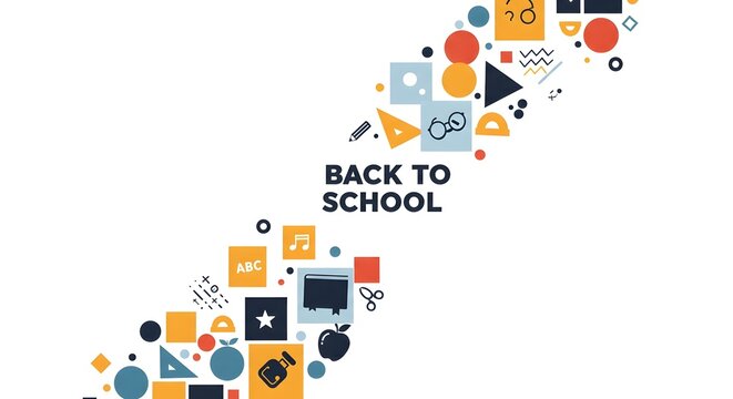 Back to school themed design featuring geometric shapes and educational icons on a white background layout