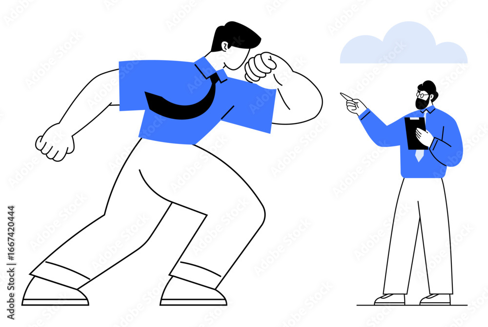 Poster oversized individual in dynamic pose facing smaller businessperson pointing upwards holding notes. i