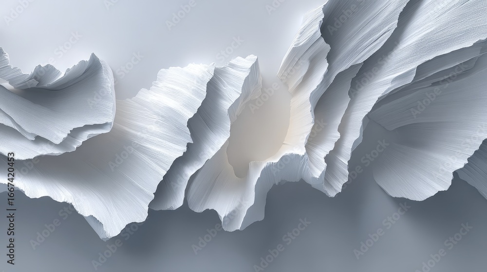 Poster abstract white paper-like structures with complex folds and smooth surfaces, showcasing modern artis