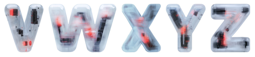 Letters created from transparent material with visible circuitry inside at an art installation