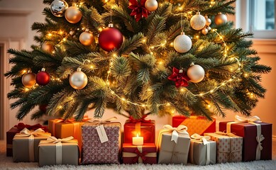 Christmas Gift Display under a Lit Tree
