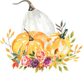 Watercolor Pumpkin Bouquet Clipart, orange pumpkins with fall leaves, berries, seasonal flowers, rustic cozy autumn arrangement, digital PNG for scrapbooking, planners
