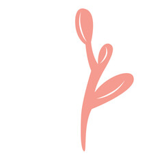 Flat 2D illustration of a small coral pink branch with oval leaves on a clean white background, decorative botanical minimal vector.
