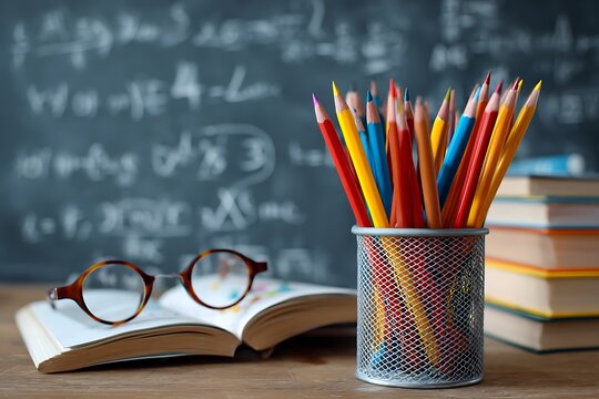 School supplies with colorful pencils, books and glasses on a desk in front of a chalkboard