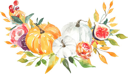 Watercolor Pumpkin Arrangement Clipart, rustic autumn bouquet with orange pumpkins, fall leaves, berries, seasonal flowers, cozy digital PNG for scrapbooking, planners, social media