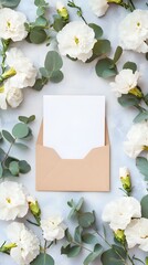 Elegant White Carnations and Eucalyptus with Blank Notecard and Envelope