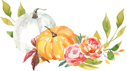 Pumpkin Autumn Bouquet Clipart, watercolor orange pumpkins, fall leaves, seasonal flowers, cozy rustic bouquet arrangement, digital PNG for scrapbooking, planners, social media