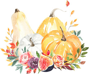 Pumpkin Autumn Clipart, watercolor orange pumpkins, fall leaves, seasonal flowers, rustic cozy elements, digital PNG elements for scrapbooking, planners, and social media design
