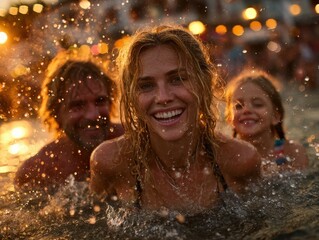 Obraz premium Happy Group of People Enjoying a Sunset Swim at the Beach