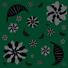 Seamless floral pattern with abstract black and gray flowers on a deep green background. Perfect for fabric, wallpapers, packaging, and elegant decorative projects.