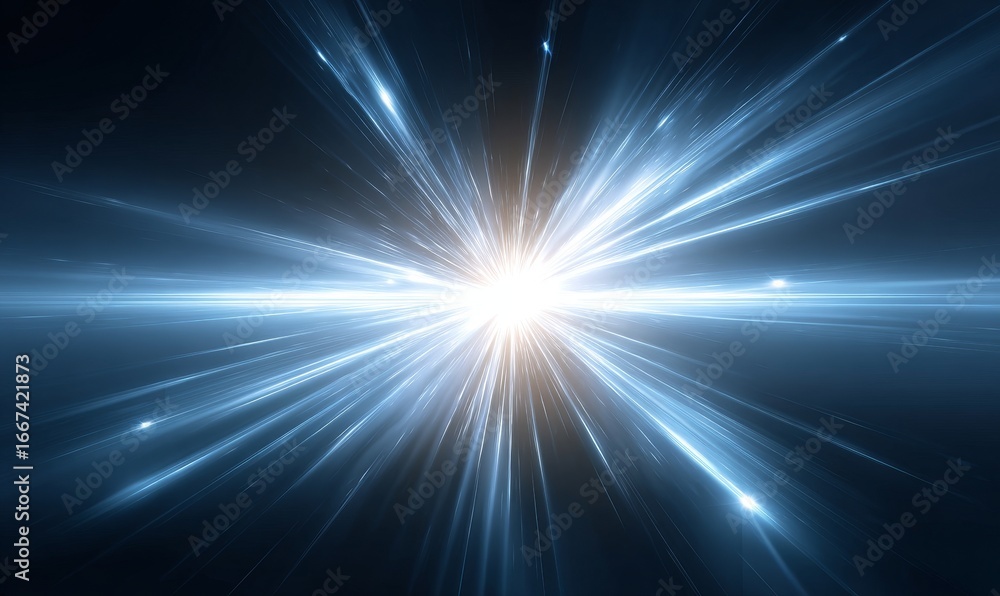 Poster a vivid image showing a bright light burst with multiple radiating beams against a dark backdrop, ex