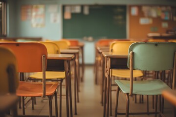 Empty classroom with desks and chairs, back to school concept