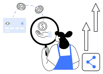 Woman using magnifying glass to assess financial elements thumbs up coins, payment card, and shareable growth. Ideal for finance, analysis, payment processing, investment, economic growth, digital